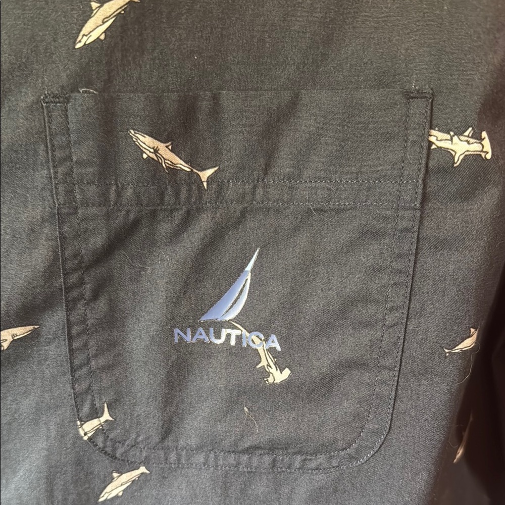 Men's Navy Blue Shark Patterned Nautica Shirt - Discovery Shark Week - Picture 2 of 9